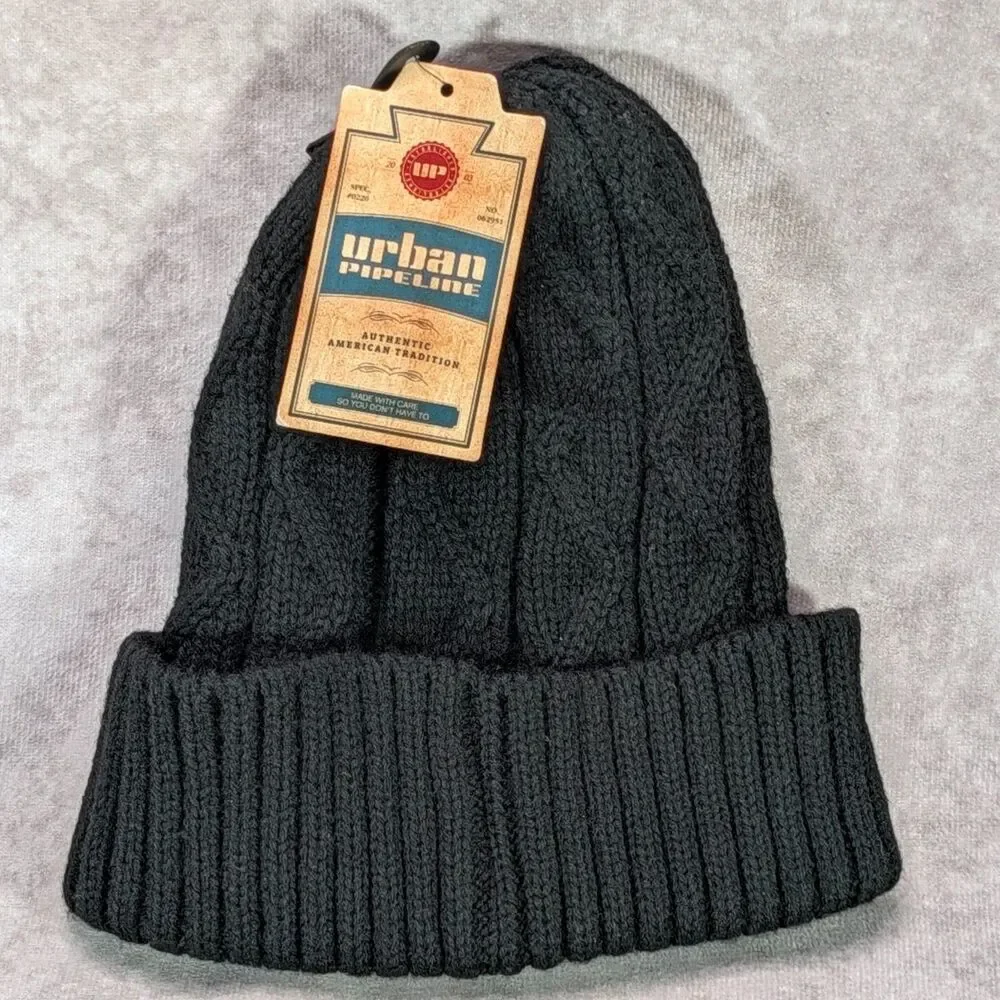 Urban Pipeline Black Cable Beanie Hat Ribbed Knit Cuff NWT One Size YUP53CW05